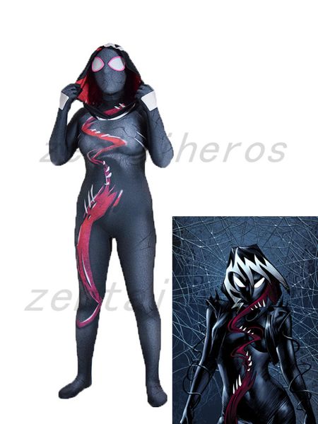

girl gwenom spider suit venom gwen cosplay costume spandex lycra zentai cosplay halloween party costume, Black;red