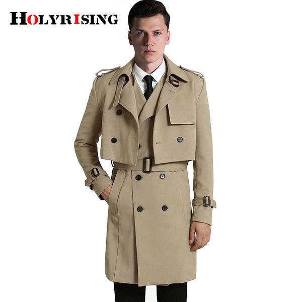 

s-6xl 2pcs/set men trench coat (long vest+coats ) casual solid double breasted slim fit overcoat men windbreak coat 18447-5, Tan;black