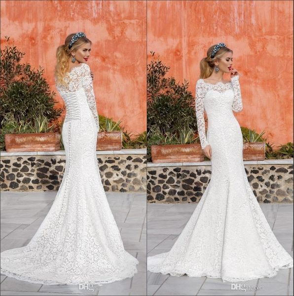 

Elegant Long Sleeves Lace Mermaid Wedding Dresses Arabic Scoop Neck Sweep Train Wedding Bridal Gowns Vestidos De Noiva With Lace Up BA9466