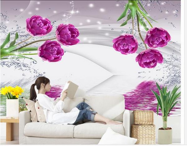 

purple tulip mural background wall in water 3d murals wallpaper for living room