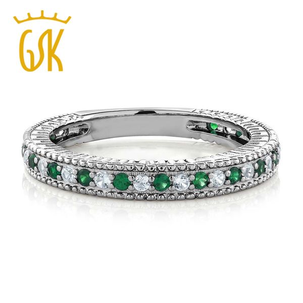 

gemstoneking 925 sterling silver wedding engagement ring nano emerald & white created sapphire eternity bands for women, Golden;silver