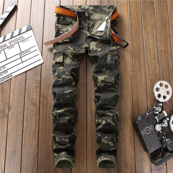 

men's jean camouflage motorcycle slim straight jeans with multi fake zippers pockets trousers patchwork army green stretch pants, Blue
