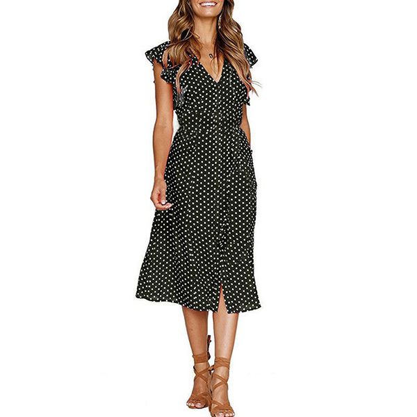 

2018 новые женские платья с коротким рукавом повседневная горошек v-образным вырезом чешский длинные партии пляж макси платье, Black;gray
