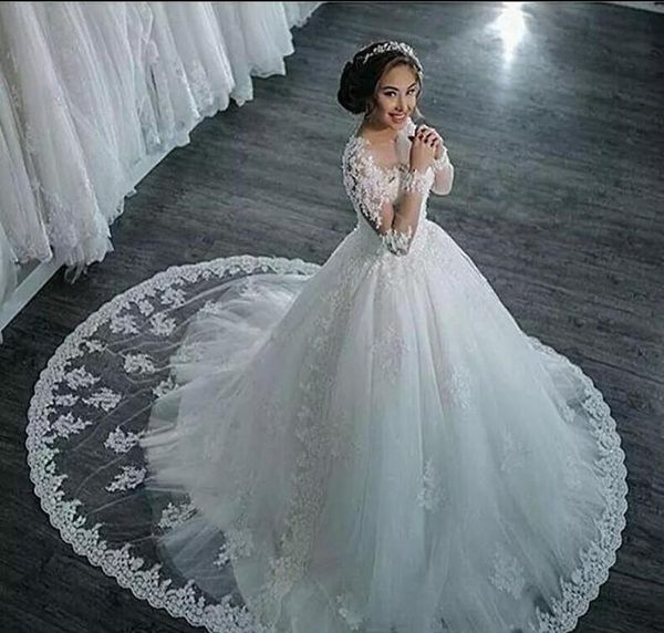 

amazing sheer neck wedding dresses lace appliques beads illusion long sleeves bridal gowns ball gown sweep train custom made wedding dress, White