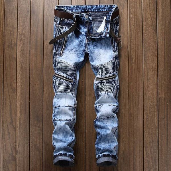 

brand designer denim trousers for male pleated biker jeans pants 2018 men's slim fit straight washed multi zipper pants homme, Blue