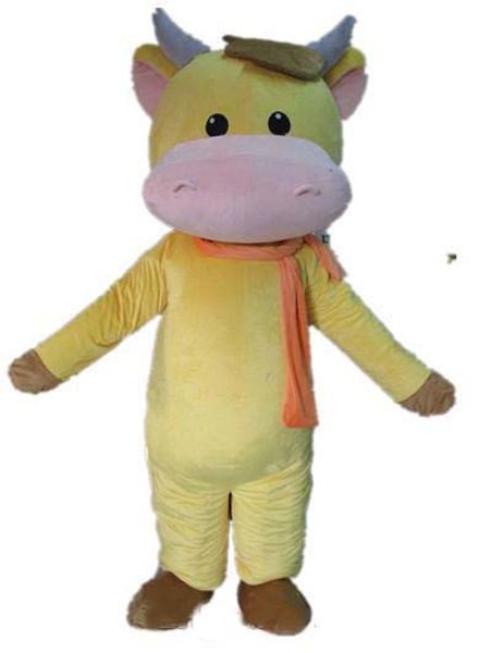 

2018 a yellow cattle mascot costume with an orange scarf for to wear, Red;yellow