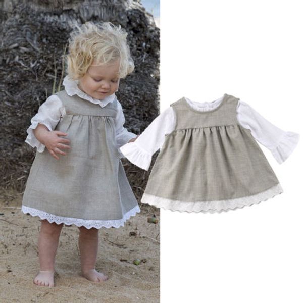 

2018 brand new toddler infant kid baby girls solid princess sleeveless lace dress long flare sleeve 2pcs casual clothes 0-3t, White