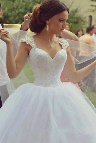 

lace ball gown wedding dresses with beaded straps sweetheart sleeveless lace up back court train tulle bridal gowns, White