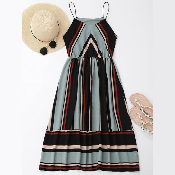 

Cotton Casual Striped Beach Dress Women Sexy Sleeveless Spaghetti Strap Midi A Line Summer Party Dress Sundress Vestidos