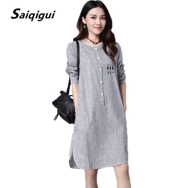 

saiqigui striped dress 2017 vestidos women's fashion cotton linen spring dresses robe casual cartoon print blouse shirt dress, White;black