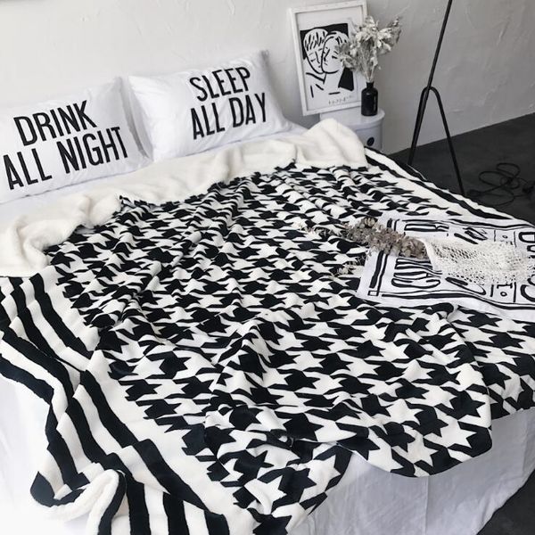 

thick ins nordic double layer houndstooth warm soft blanket on bed coral fleece flaneel warm throw siesta travel sofa blankets