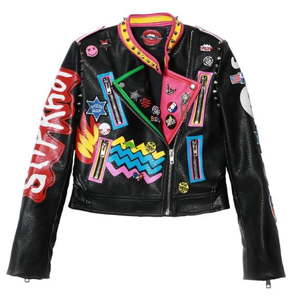 

factoryoutlet 2018 winter new fashion female short paragraph slim pu leathe letter graffiti hit color rivet leather jacket w1525, Black