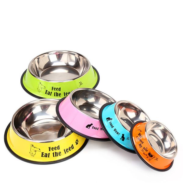 

stainless steel pet dog bowls puppy cats food drink water feeder pets supplies non-slip feeding cartoon style dishes