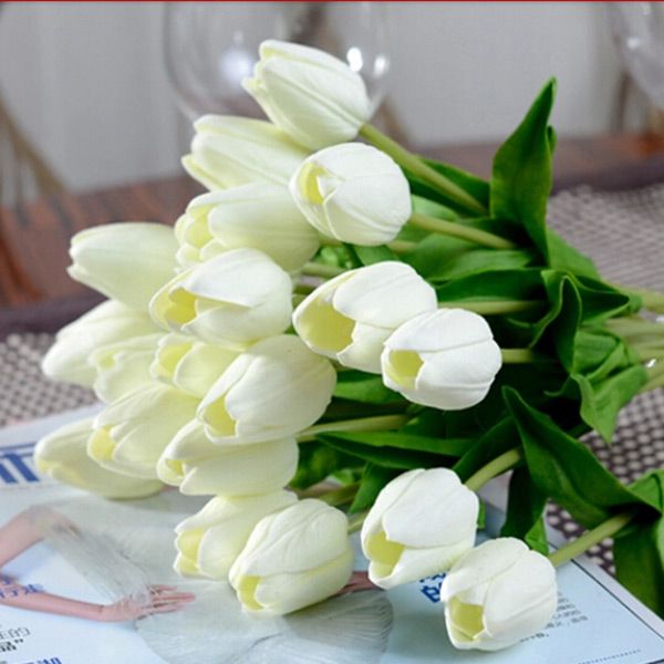 

new design charming pretty 20pcs artifical flower real touch pu white tulips simulation single stem bouquet table party wedding decor
