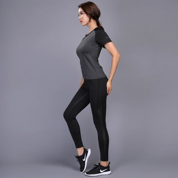 

women compression running suits sportswear female exercise sports gym leggings +short sleeve women yoga clothes jogging sets, Black;blue
