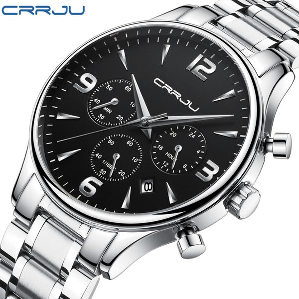 

crrju 2018 silver black full steel fashion casual quartz watch men dress watches business male relojes hombre simple wristwatch, Slivery;brown