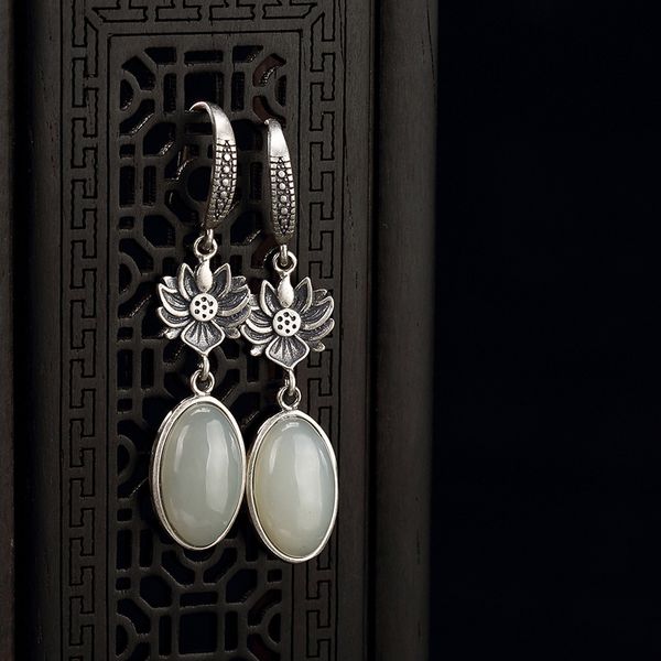 

new fashion silver s925 pure silver lotus lotus natural wild field jade white jade retro female jog earring ear jewelry, Golden;silver