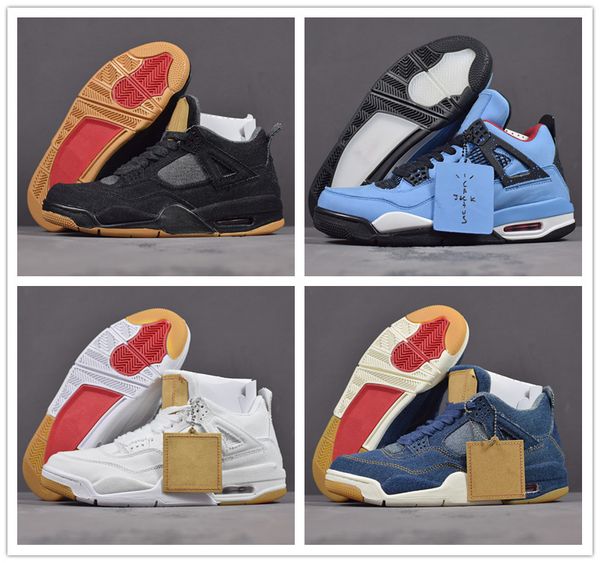 

2018 Chea Sale Jumpman 4 Travis x Хьюстон Граффити Черный Белый Синий Джинсовый Баскетбол Обувь