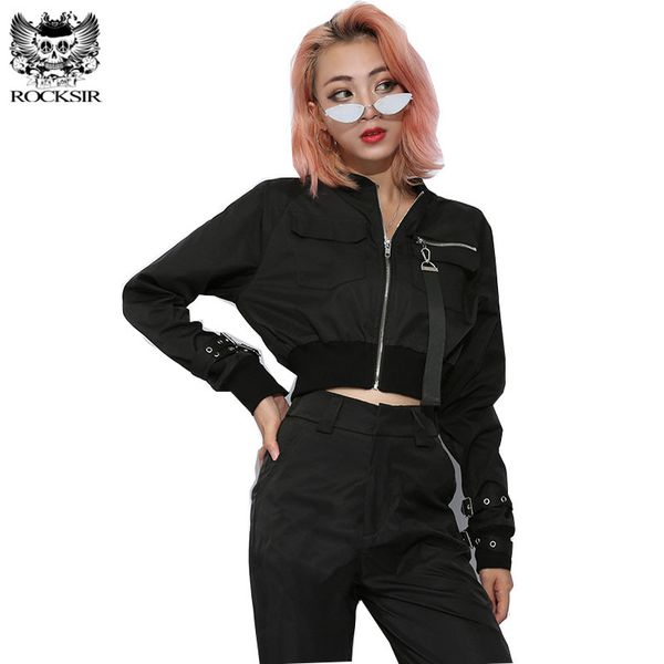

punk black crop jacket women casual zipper short cardigan coat fashion buckle long sleeve bomber jacket bike outwear, Black;brown