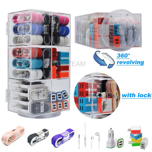

Phone acce orie acrylic di play box 6in1 full clear with lock and revolving for u b cable u b charger earphone