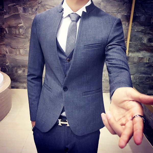 

linyixun 2018 brand new grey wedding men tuxedos stand collar suit men's business office slim fit good quality male suits 3 piec, White;black