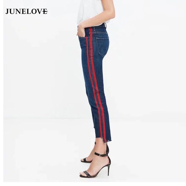 

junelove 2018 summer women high street side striped spliced slim jeans feminina mid waist panelled flare pants jeans bottoms, Blue