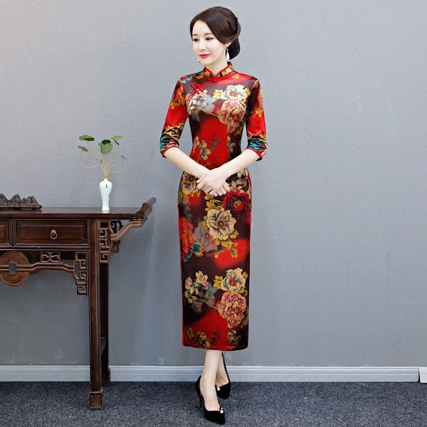 

elegant party dresses chinese women velvet cheongsam flower china qipao vestidos oriental evening dress long qi pao curto -4xl, Red
