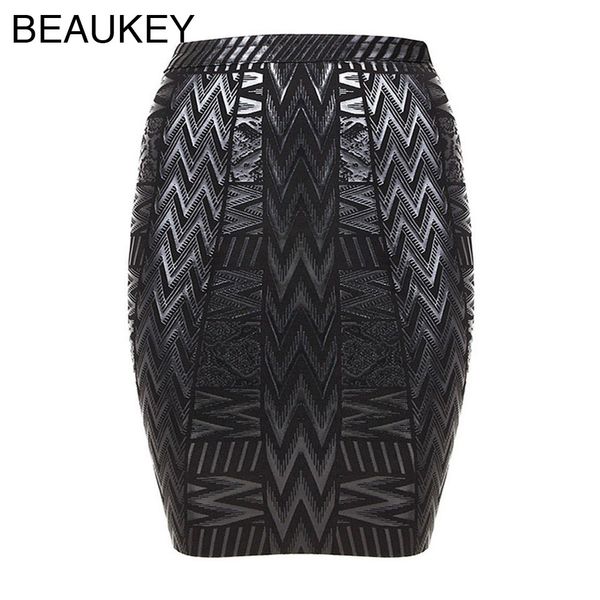 

black metallic solid geometric women's knee length bodycon high waist bandage skirt