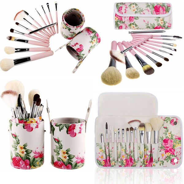 

white rose flower makeup brushes 12 pcs sets goat hair foundation powder contour multipurpose make up brush with bag cases or cup holder