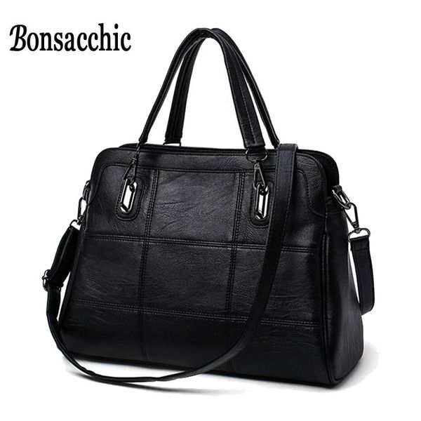 

bonsacchic fashion ladies hand bag women 's genuine leather handbag black leather tote bag bolsas femininas female shoulder bag