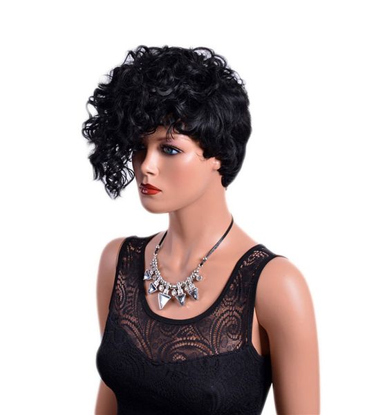 Front Curly Back Straight Short Wigs With Bangs Natural Black