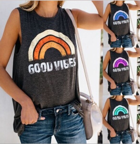 

sleeveless women rainbow t-shirts summer casual female tank tee, White