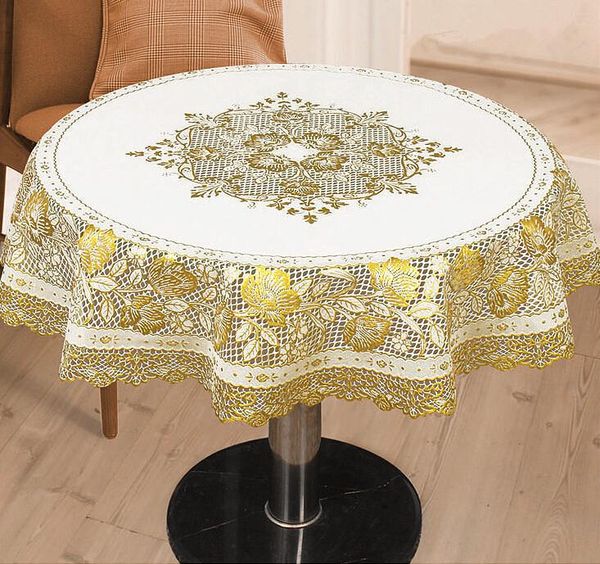 

wholesale-european hollowed-out gilding pvc round table cloth gold white tablecloth waterproof oilproof heatproof circle table cover 90cm