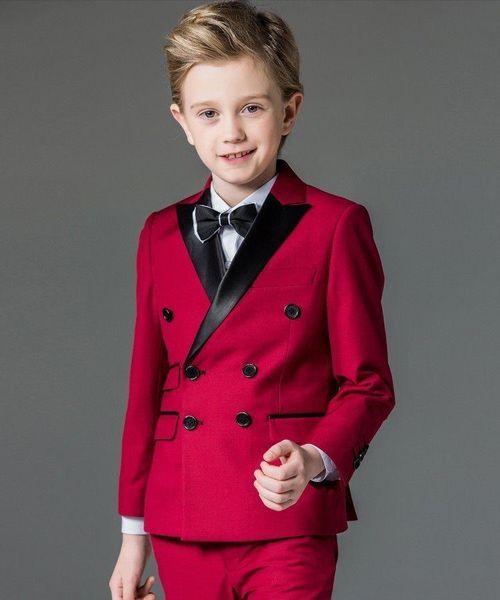 Hochwertiger, zweireihiger, spitzer, schwarzer Revers-Kind-Komplett-Designer-Hübscher Hochzeitsanzug für Jungen, maßgeschneiderte Jacke, Hose und Krawatte