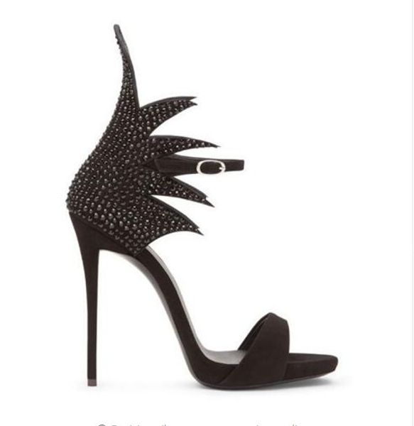 

new luxury diamond shoes decorated with the word ladies hollow out high-heeled genuine leather sandals, Black