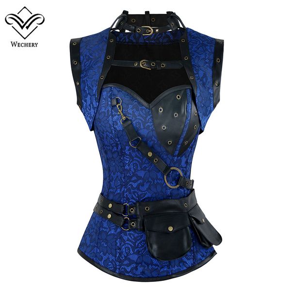 

wechery steampunk corset rivet retro punk blue women corsets vintage posture cosplay show gorset sets, Black;white