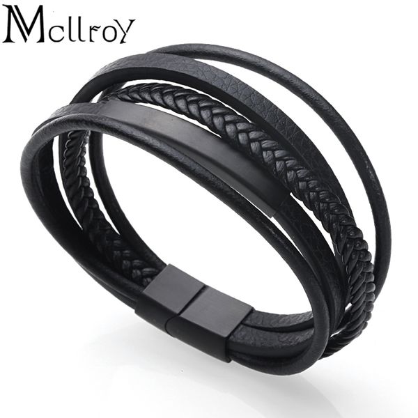 

mcllroy leather bracelet/male/fashion/stainless steel/punk/multilayer/braided/black/magnetic/clasp/bracelet men 2018 bracelets, Golden;silver