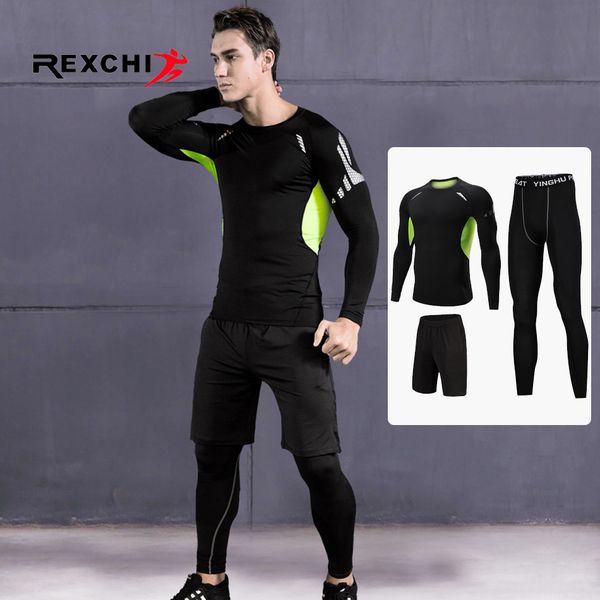 

3 pcs/set men sports suit compression underwear outdoor running jogging clothes t shirt pants gym fitness workout tights costume, Black;blue