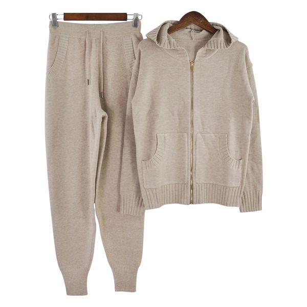 

Solid 2 Sets O -Neck Hoodied Sweater Sportswear Casual Tops With Ruffled Cuff Pocket And Zipper Knittedwear Knitting Tracksuits Female