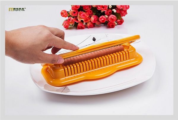 

1pc new helper kitchen tool steel manual fancy sausage yellow cutter safe dog slicer dicer plastic gadget accessory ok 0491