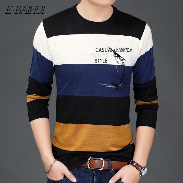 

e-baihui o-neck pullover men print sweaters brand clothing autumn winter cashmere wool sweater men casual striped pull b893, White;black