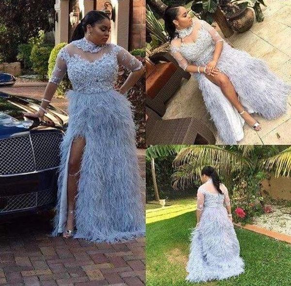 

плюс размер 2019 сплит перо пром платья высокая шея половина рукава кружева вечернее платье вечерняя одежда длинные развертки поезд партии т, Black