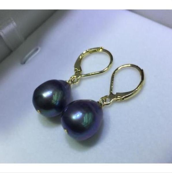 

11*13mm black south sea drop pearl dangle earring leverback 14k yellow gold, Golden