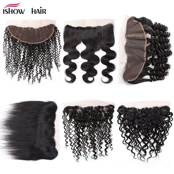 Ishow 13x4 laço fechamento frontal 12-24inch onda corporal solto águas profundas cabelo em linha reta para as mulheres meninas todas as idades Brasileira peruana malaia natural negro