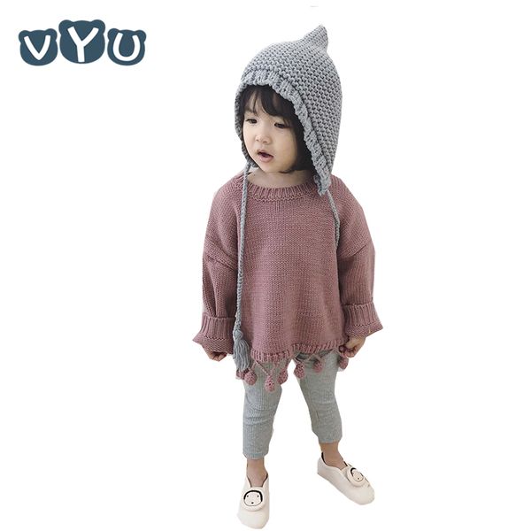 

2018 winter new kids girls sweater tassel pompon thicken sweater cardigan jacket candy color outwear children clothes 1~6y, Blue