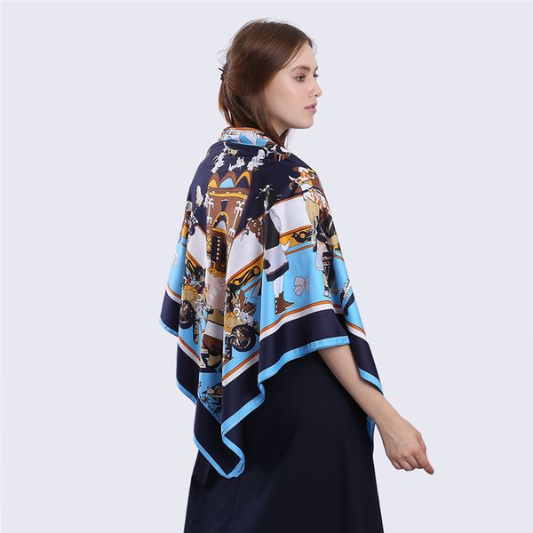 

new twill silk scarf women hobbit printing square scarves fashion wrap female foulard large hijab shawl neckerchief 130130cm, Blue;gray