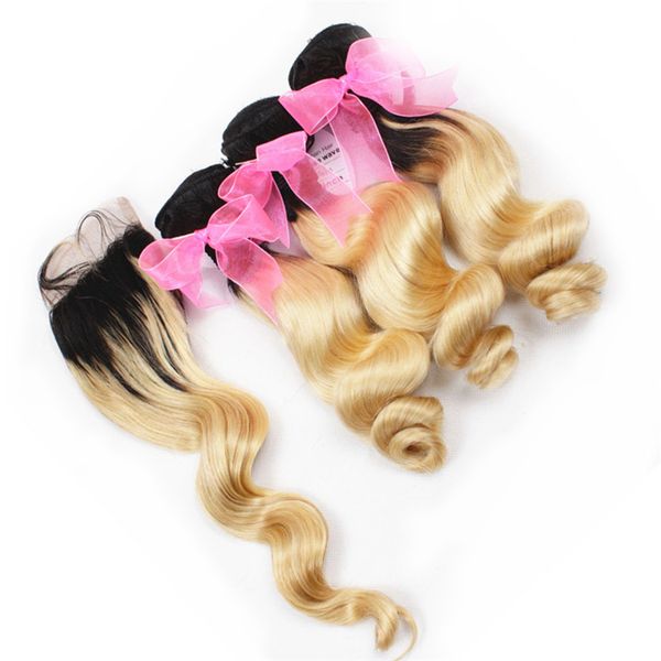 

связки светлых волос ombre индийской свободной волны с закрытием шнурка # 1b / 613 волнистые плетения человеческих волос ombre с закрытием с, Black;brown