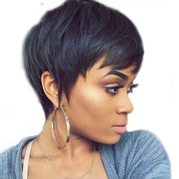 

elling short wigs for women natural wave 4" black 100% virgin human hair full lace front wig for women, Black;brown