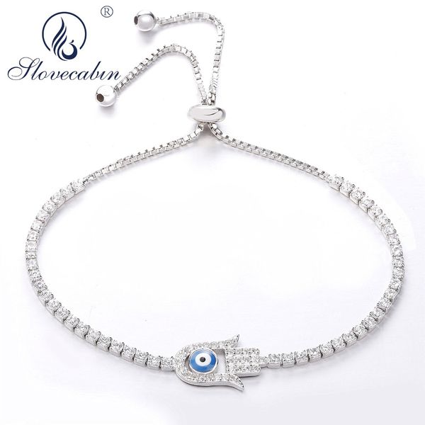 

slovecabin 2108 new real 925 sterling silver fatima hand hamsa evil eye clear cz blue enamel sparkling strand sliding bracelet, Black