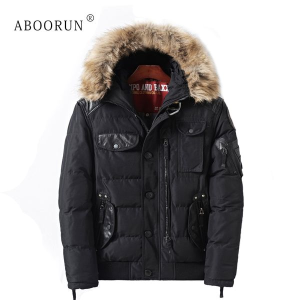 

aboorun men's winter jacket leather patchwork thick hooded jacket with fur collar male casual warm coat parka x1803, Black;brown